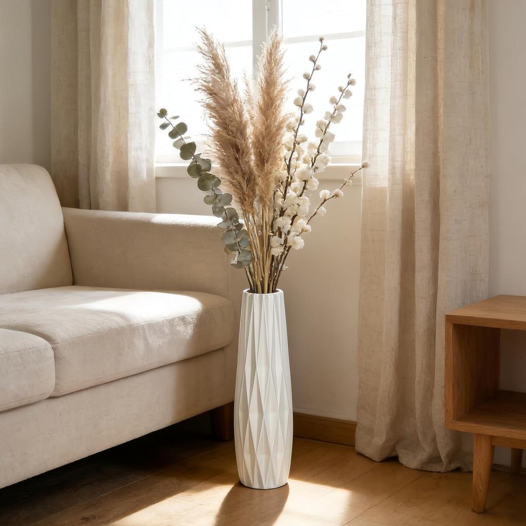White Tall Ceramic Floor Vase, 15.7 Inch, Ribbed Design | Glossy Glazed Finish, Narrow Corners, Entryway, Bedroom, Compact Spaces