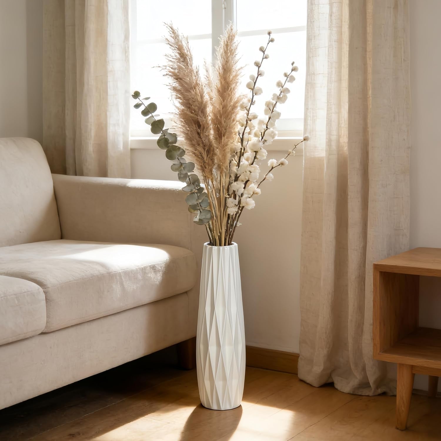 White Tall Ceramic Floor Vase, 15.7 Inch, Ribbed Design | Glossy Glazed Finish, Narrow Corners, Entryway, Bedroom, Compact Spaces