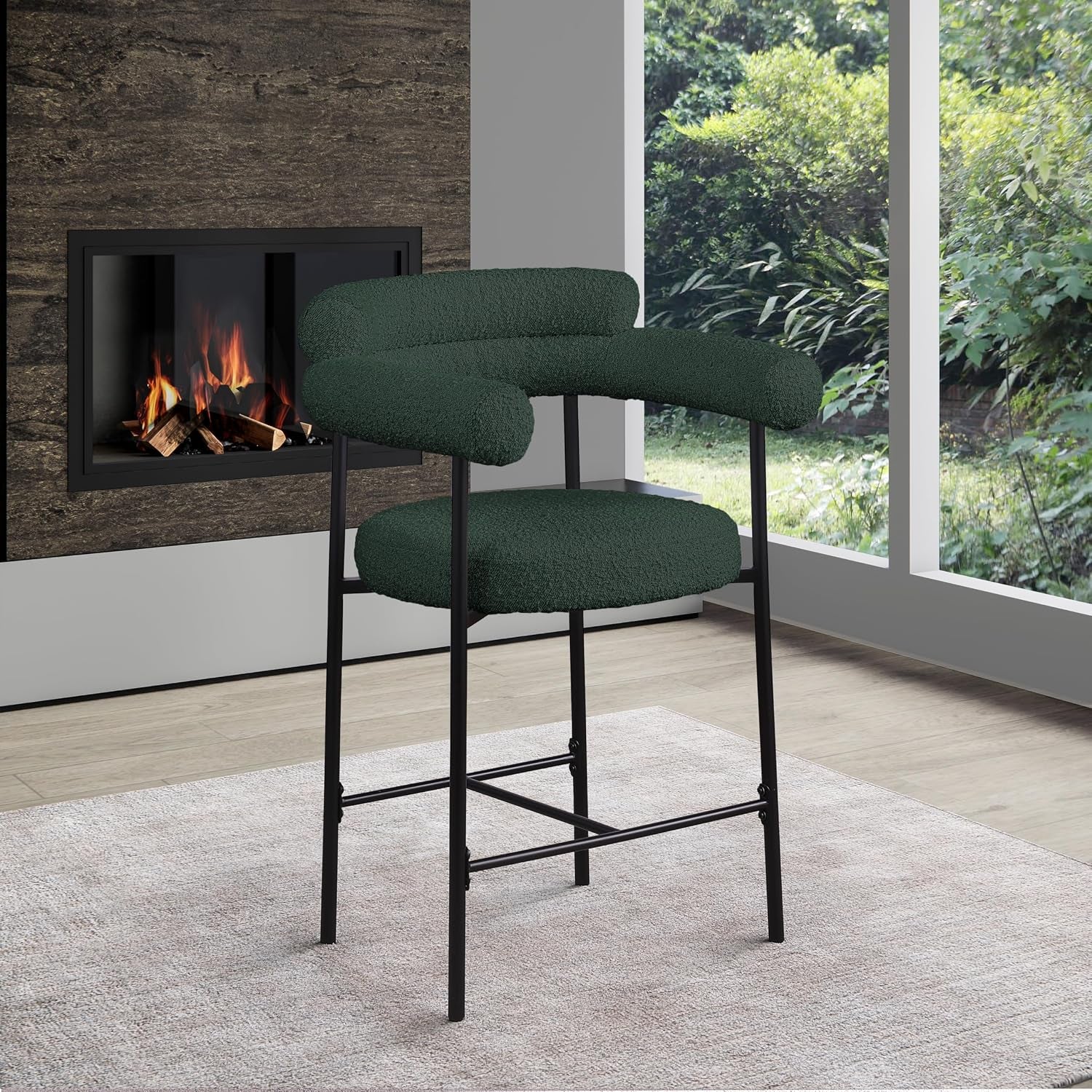 Meridian Furniture 986Green-C Blake Collection Modern | Contemporary Counter Stool with Rich Green Boucle Fabric, Matte Black Iron Metal Frame, 26" W X 23.5" D X 38" H, Green, Set of 2