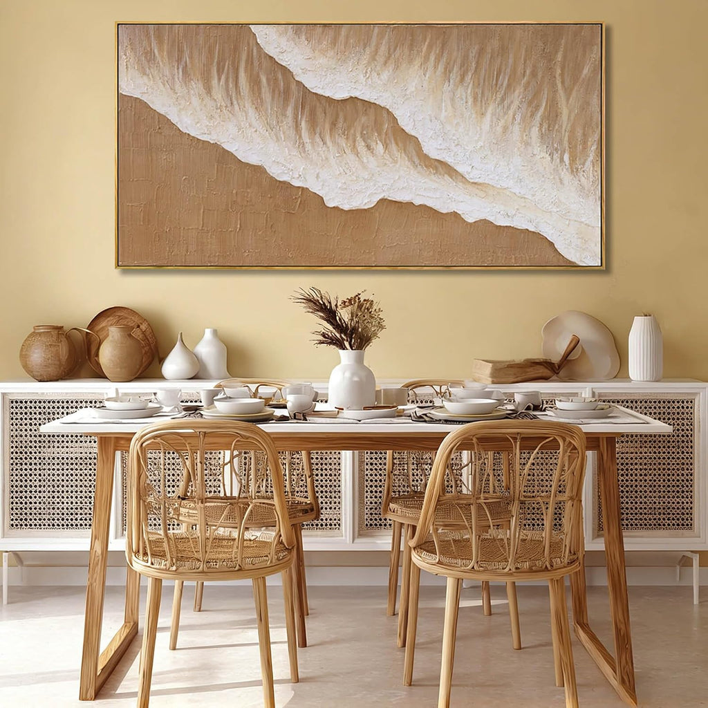 Neutral Beige Textured Canvas Prints 24X48 Inch, Large Framed Artwork with Wooden Frame, Modern Abstract Home Decoration for Bedroom Living Room or Office
