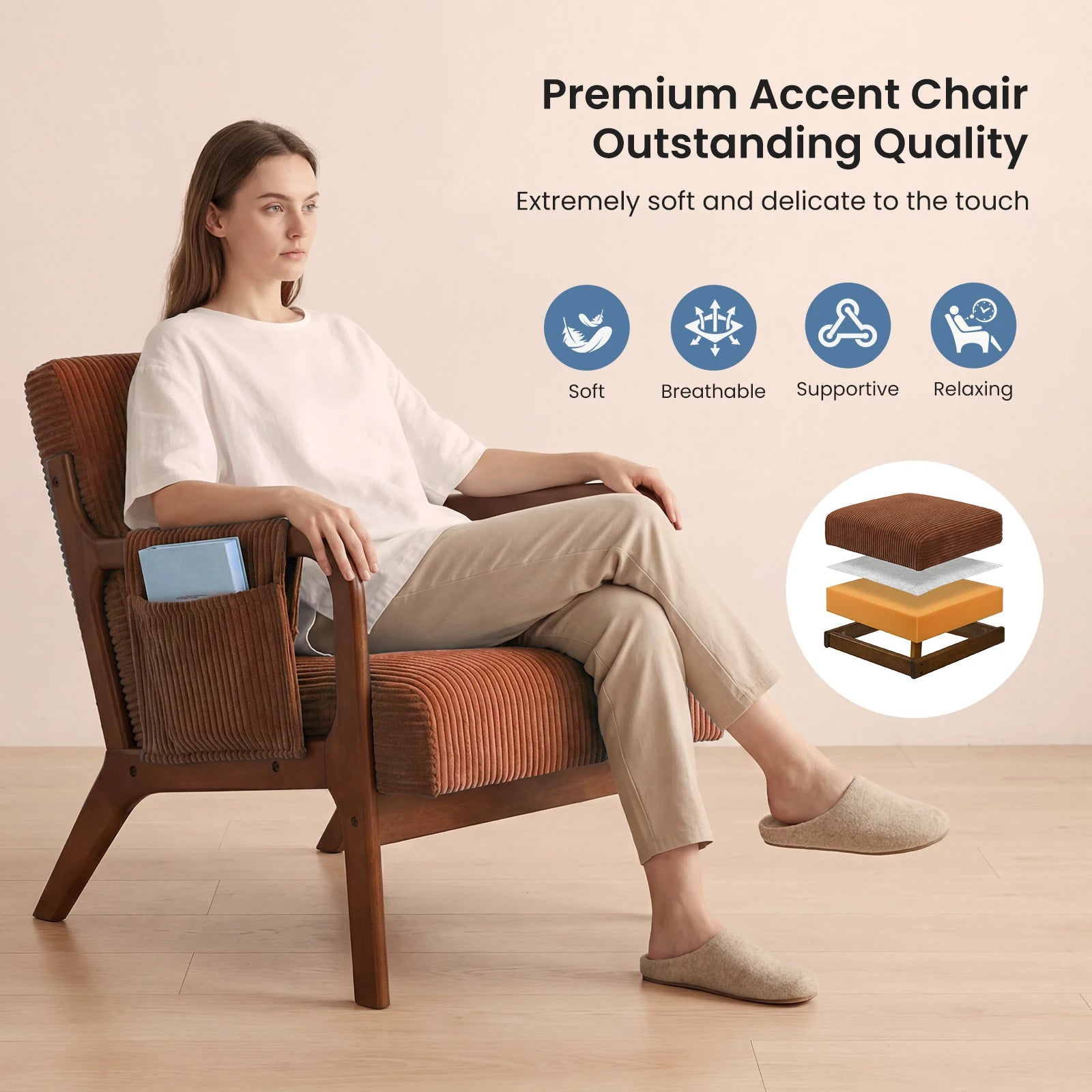 Mid-Century Solid Wood Frame Office Chair Ergonomic Armchair with Lumbar Pillow High Backrest Heavy Capacity for Office