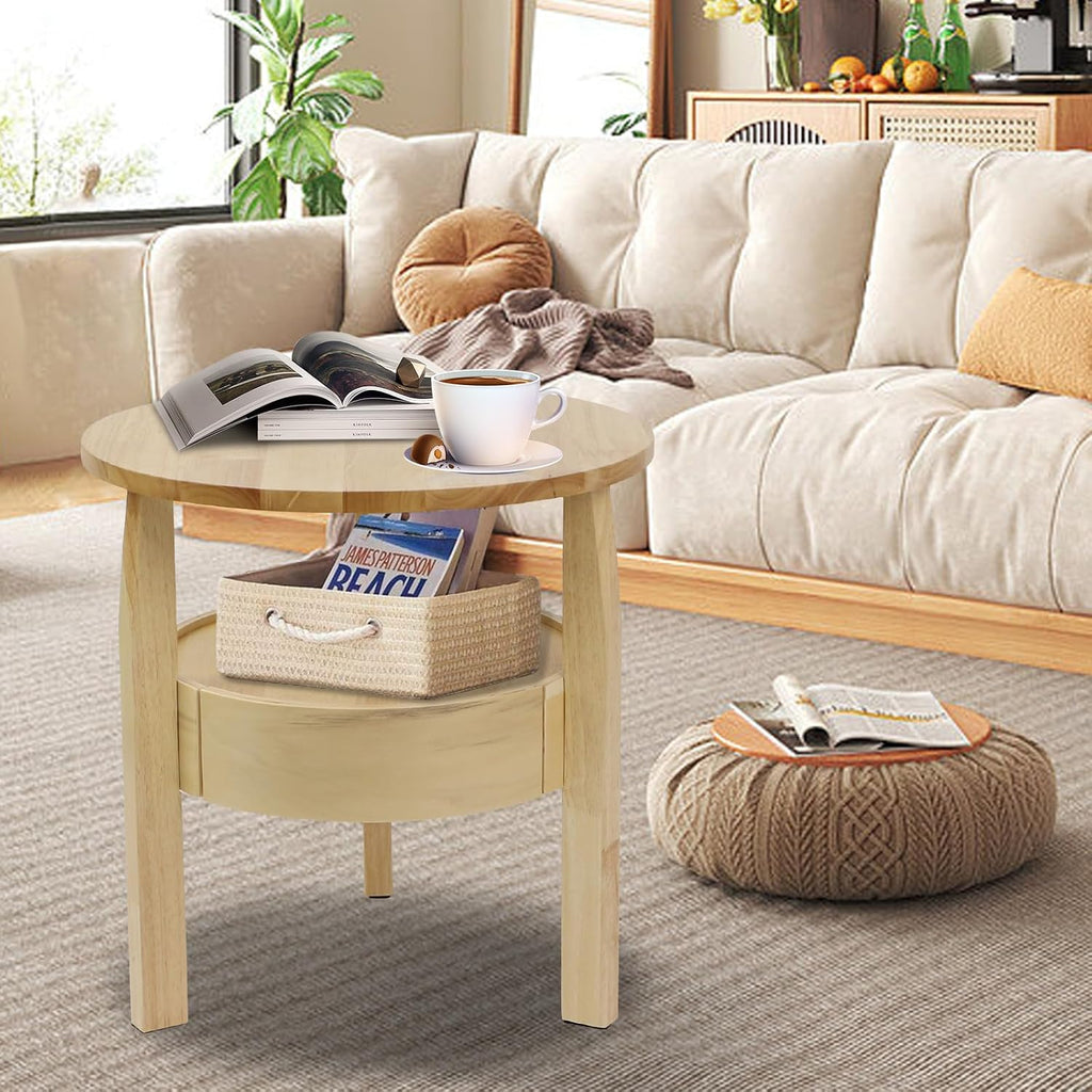 Round Coffee Table with Storage and Hidden Drawer - 20" D X 20" H Natural Wood Side Table with Sliding Drawer, Mid Century Modern Coffee Table, Small Coffee Table for Living Room, Natural Wood Color