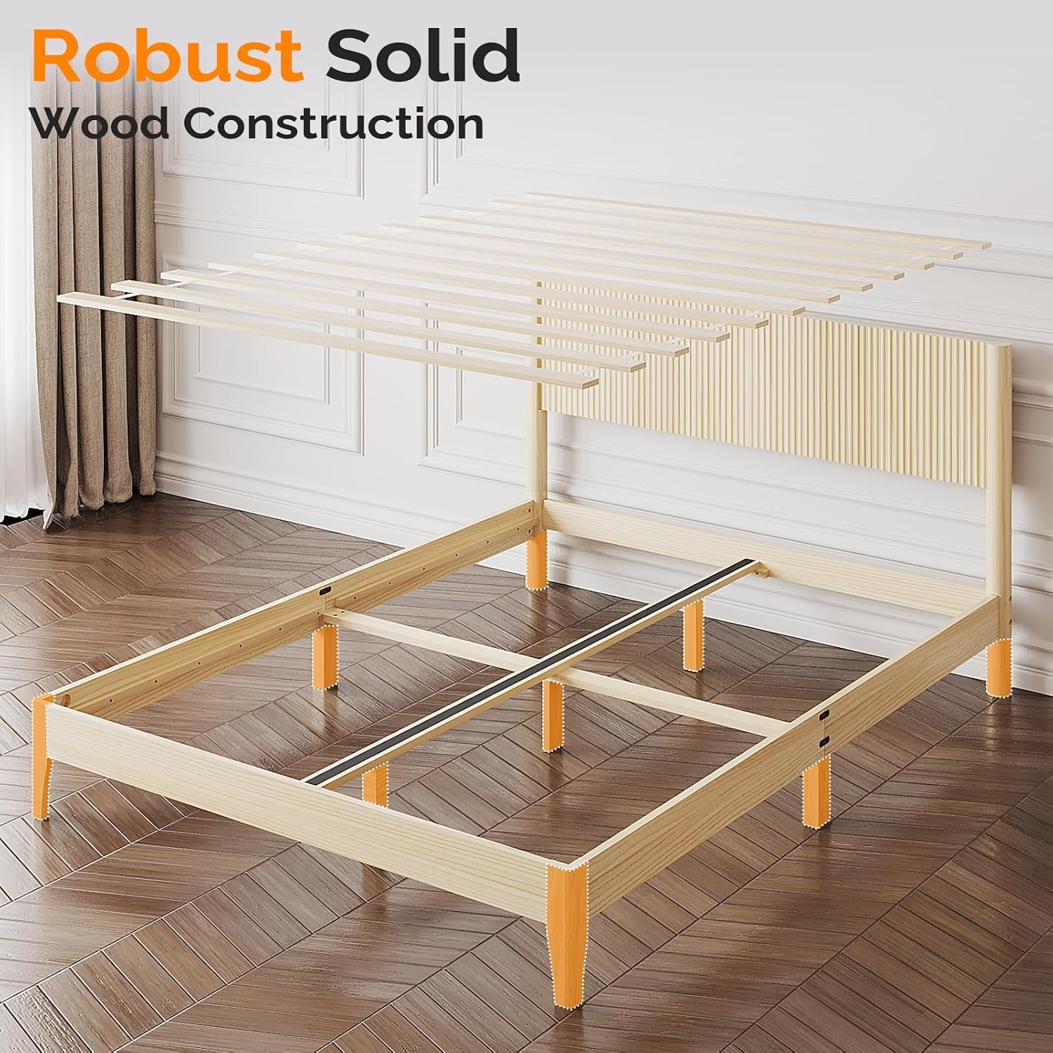 King Bed Frame with Fluted Headboard, Solid Wood Platform Bed with Slat Support,Boho Bedroom Furniture,Natural Wood
