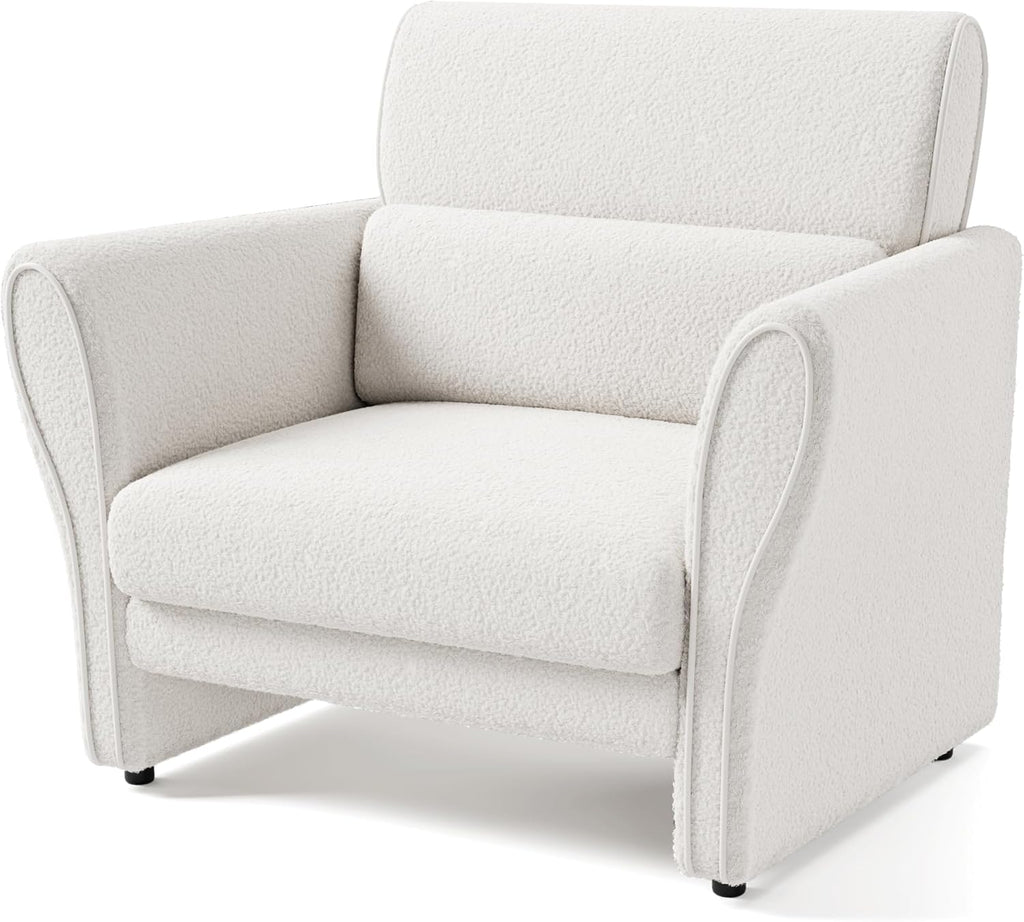 Modern Accent Chair, Boucle Upholstered Armchair for Living Room, Mid-Century Lounge Chair, Comfy Single Sofa for Bedroom, Ivory