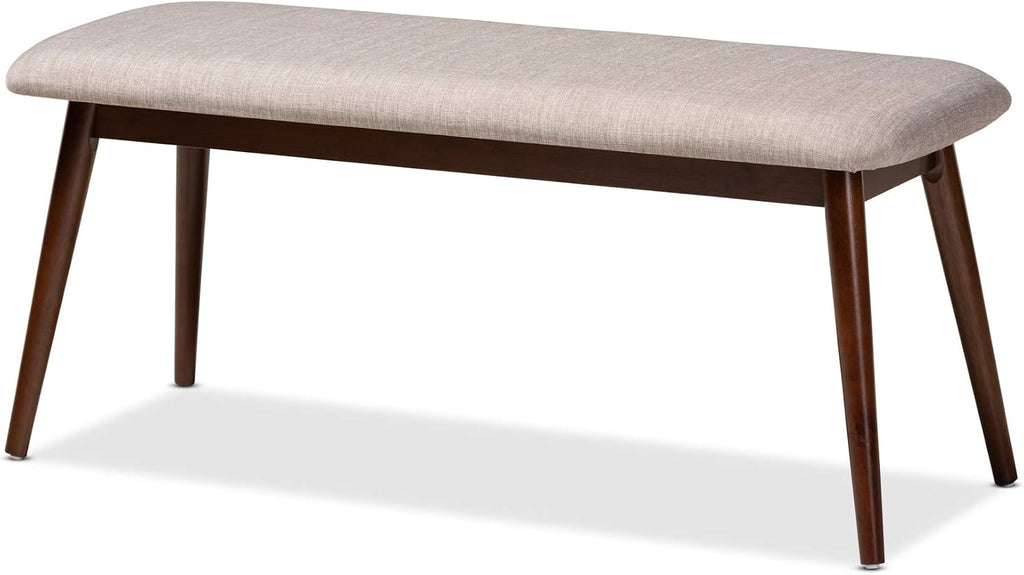 Flora Mid-Century Dining Bench Light Grey Fabric Upholstered Walnut Finished Wood Dining Bench