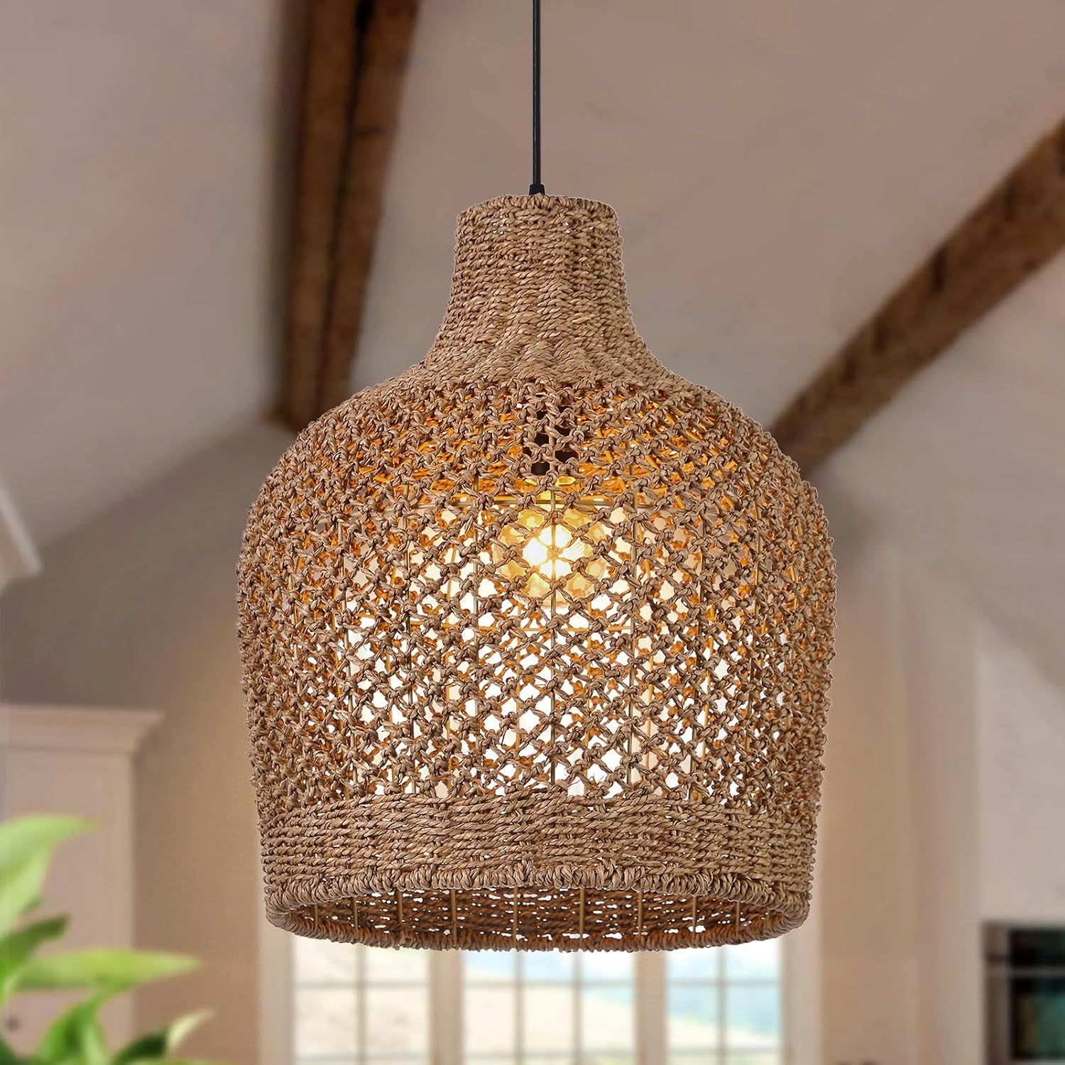 1 Light Rattan Pendant Light Rattan Chandelier Handwoven Boho Coastal Pendant Lampshade Wicker Basket Ceiling Light Hanging Light for Dining Living Room D 15.7″* 19.6″