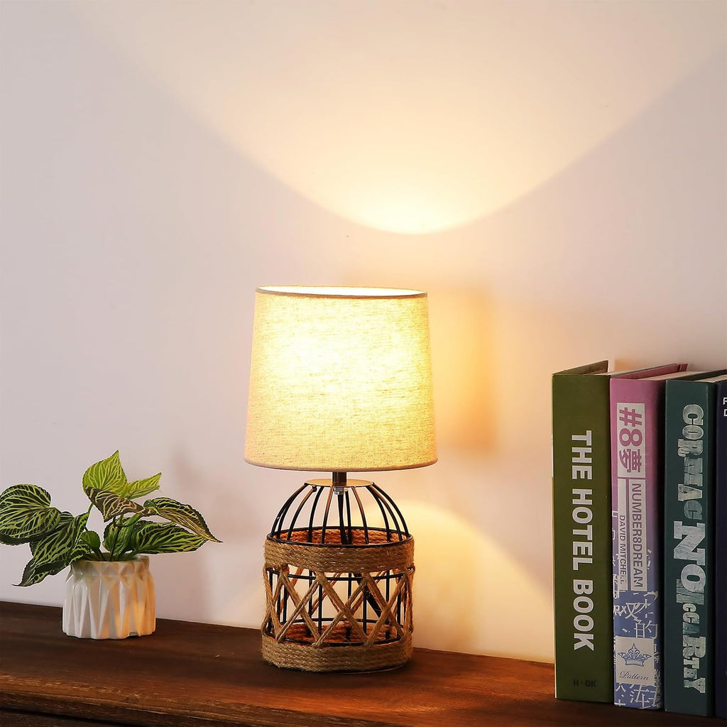 2 Pack Boho Rattan Table Lamps for Bedroom,Small Bedside Nightstand Lamp with Metal Cage Base Linen Shade,Farmhouse Coastal Rustic Living Room Bedroom Decor