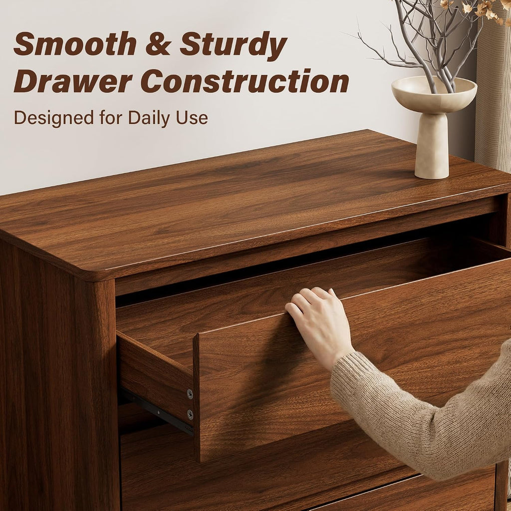Walnut Dresser for Bedroom, 5 Drawer Dresser with Wood Legs, Tall Wood Dresser, Mid Century Modern Chest of Drawers, Large Storage Bedroom Furniture, Walnut