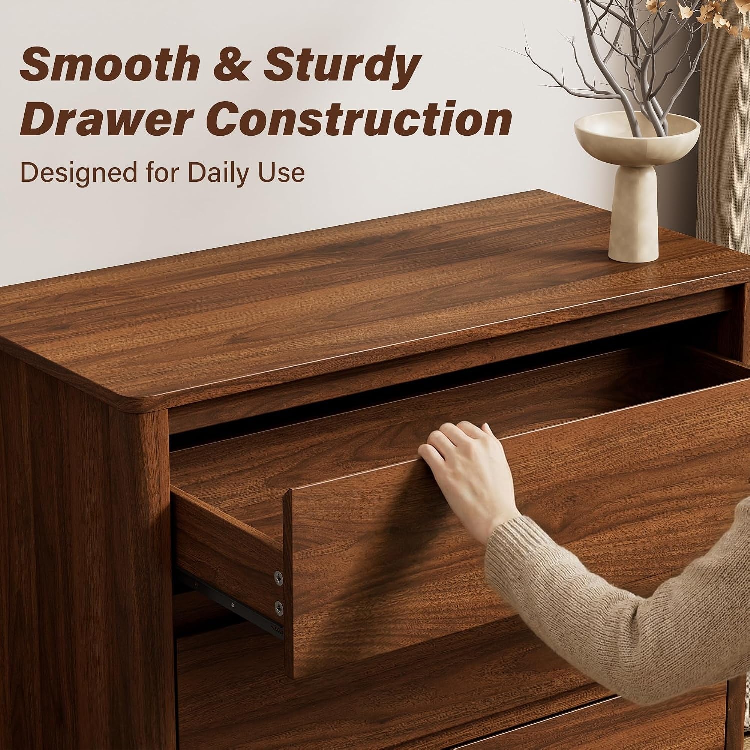 Walnut Dresser for Bedroom, 5 Drawer Dresser with Wood Legs, Tall Wood Dresser, Mid Century Modern Chest of Drawers, Large Storage Bedroom Furniture, Walnut