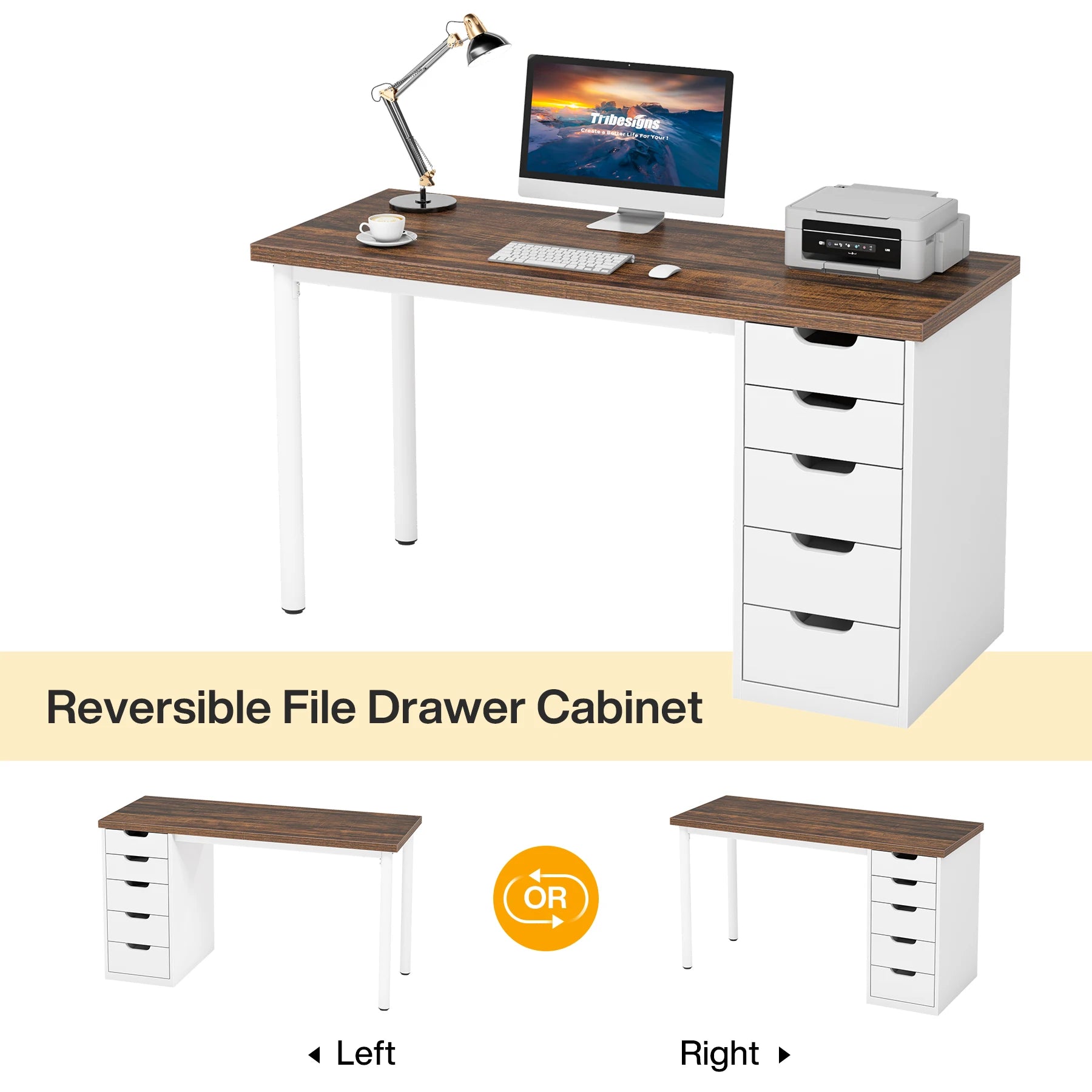 Computer Desk with 5 Drawers, 47 Inches Rustic Brown Home Office Desk with Storage, Modern Simple Laptop Desk Study W