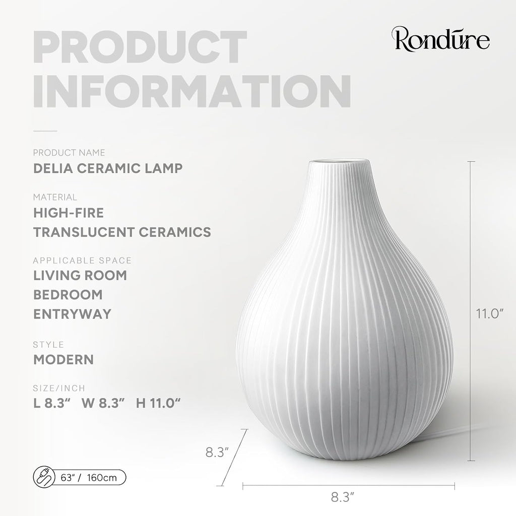 Modern Ceramic Decorative Table Lamp Living Room Bedroom Bedside | Handcrafted Unique Warm Ambient Lighting Lamp, Accent White Translucent Ceramic Shade, Fully Dimmable, Corded, Bulb Included