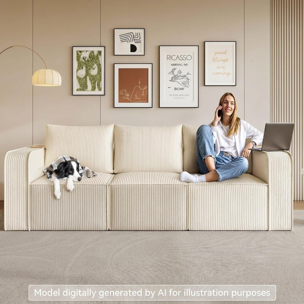 Oversized Deep Modular Sectional Sofa, 3-Seat Couch with 3 Pillows | Corduroy Sectional Couches for Living Room, Apartment, Office, Hotel, Bedroom, No Assembly Needed, Milky White