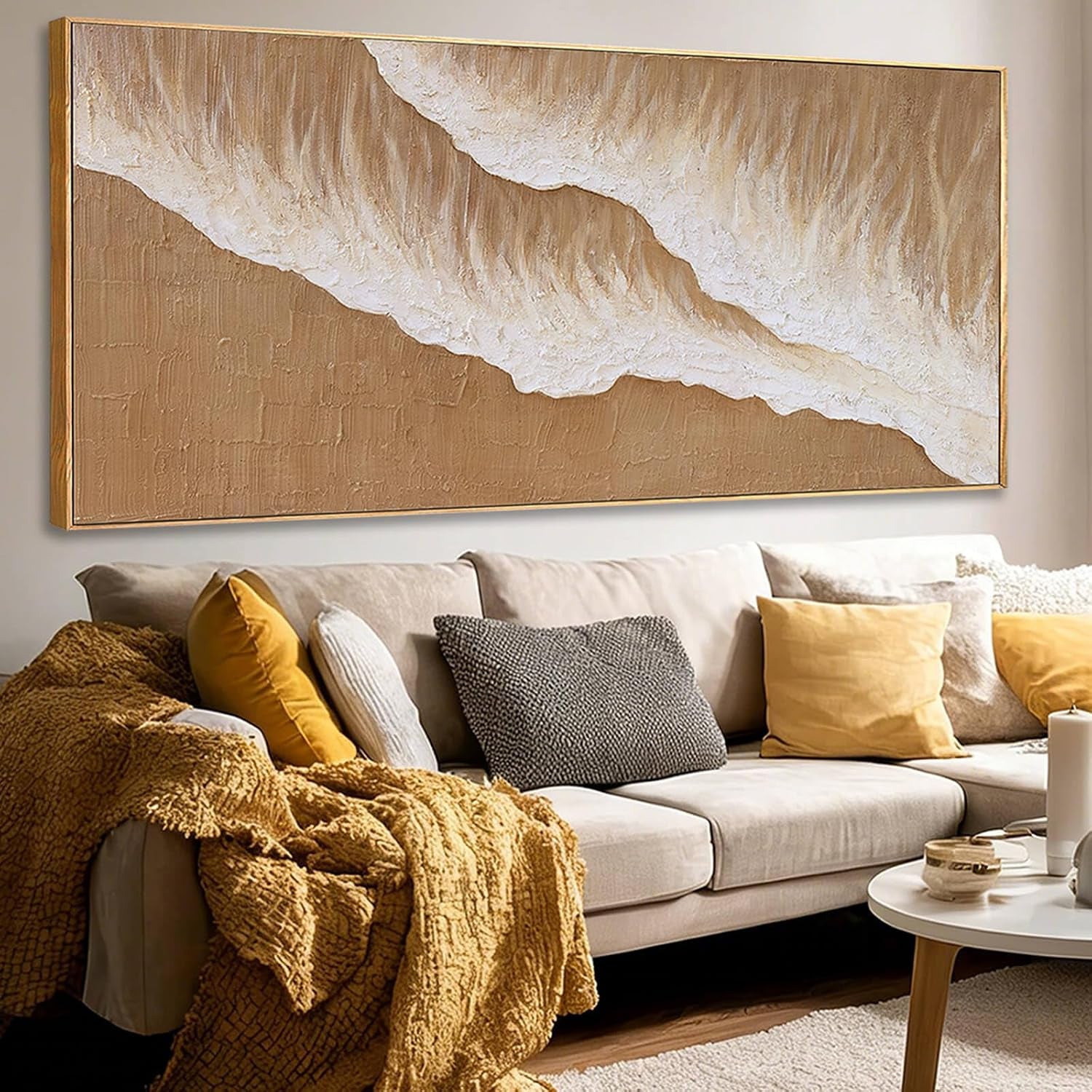 Beige Cream Neutral Abstract Wall Art, 32X70 Inch Large Framed Canvas Wall Art, Modern Horizontal Printed Artwork with Wooden Frame for Living Room
