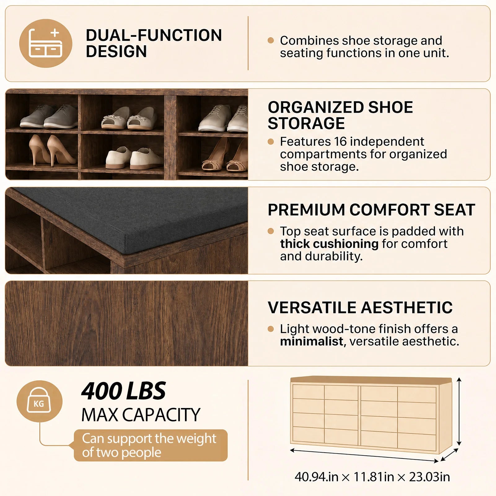 Shoe Storage Bench with Cushion 16 Cubby Shoe Rack Multifunctional Shoe Organizer Bench for Entryway Hallway Living Room Bedroom