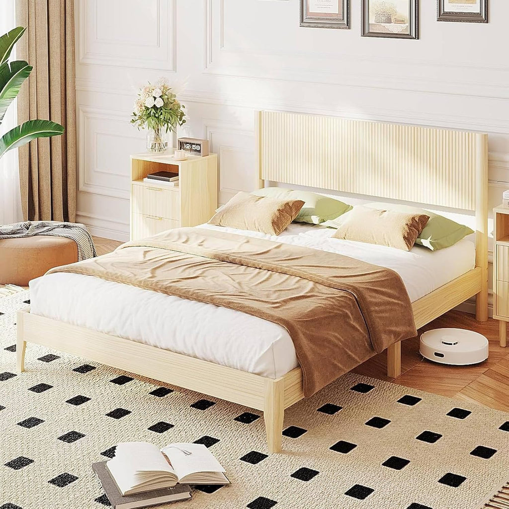 King Bed Frame with Fluted Headboard, Solid Wood Platform Bed with Slat Support,Boho Bedroom Furniture,Natural Wood