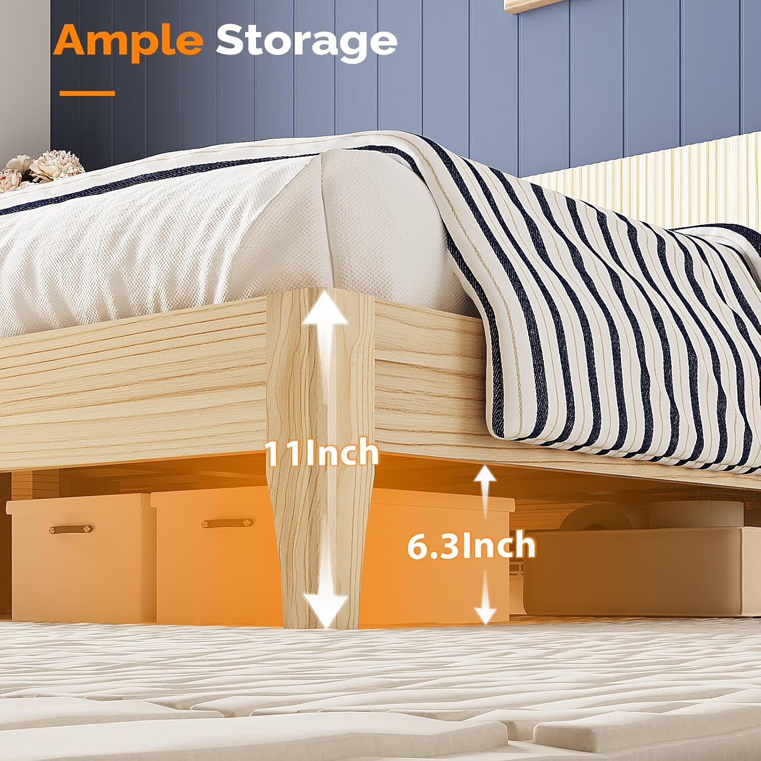 King Bed Frame with Fluted Headboard, Solid Wood Platform Bed with Slat Support,Boho Bedroom Furniture,Natural Wood