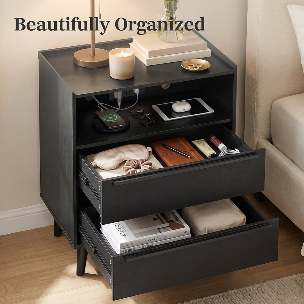 26 Inch Tall Black Oak Nightstand with Charging Station, 2 Drawers | 24 Inch Wide, 16 Inch Deep Design with Raised-Edge Tray Top, Open Shelf, Hidden Storage, and a Streamlined Look