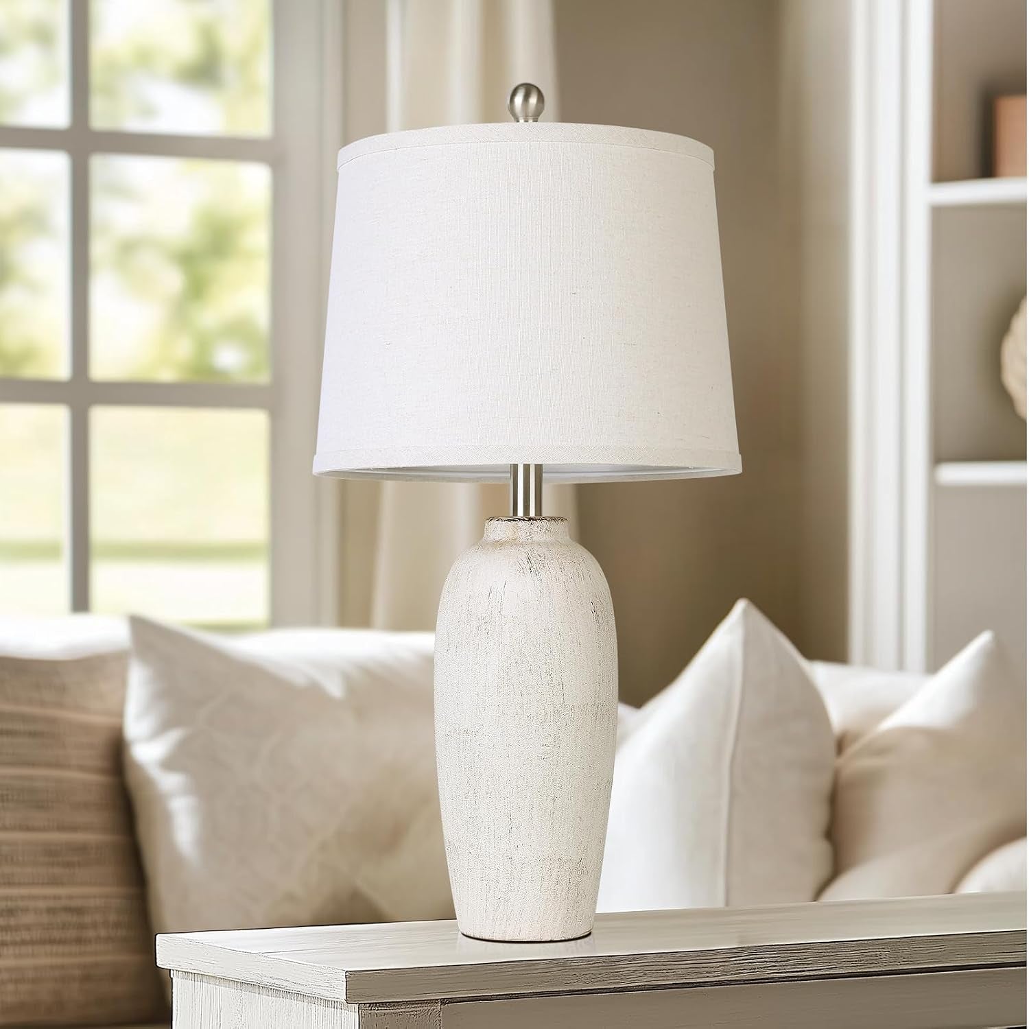 Jar Table Lamps Set of 2, 25" Ceramic Bedside Lamps for Bedroom, Beige Farmhouse Nightstand Lamps for Living Room