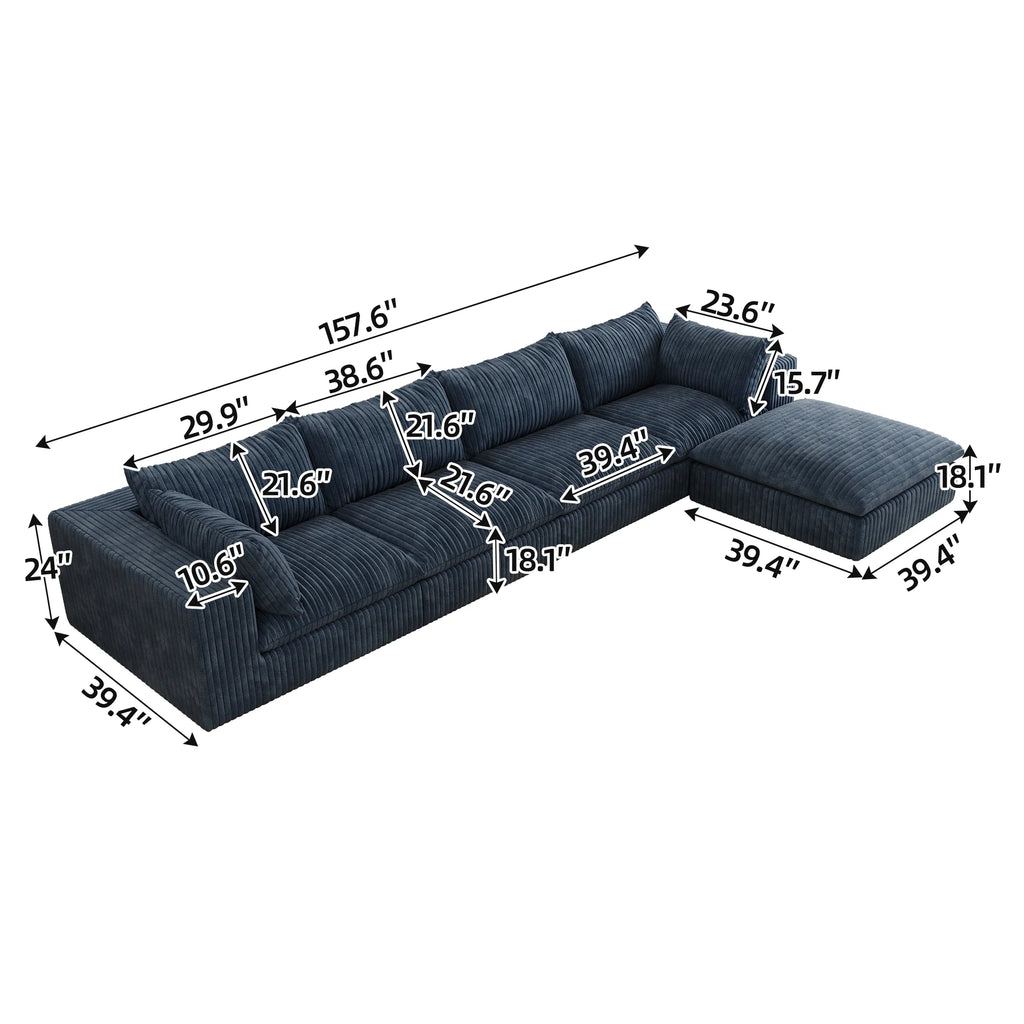 157.6” Corduroy Modular Sectional Sofa,L Shaped Sectional Sofa Couches with Movable Ottoman Chaise,Deep Seat Comfy Cloud Sofa for Living Room,Blue