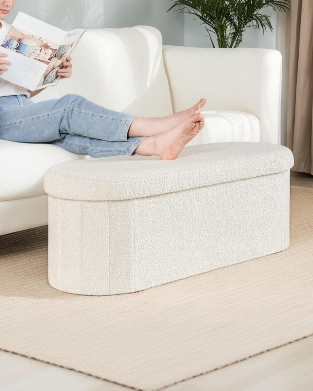 43.3 Inches Foldable Storage Ottoman Bench, Oval Footrest | Teddy Boucle Fabric, Hidden Storage, Soft Padded Seat, End of Bed Bench for Bedroom, Living Room and Entryway, White