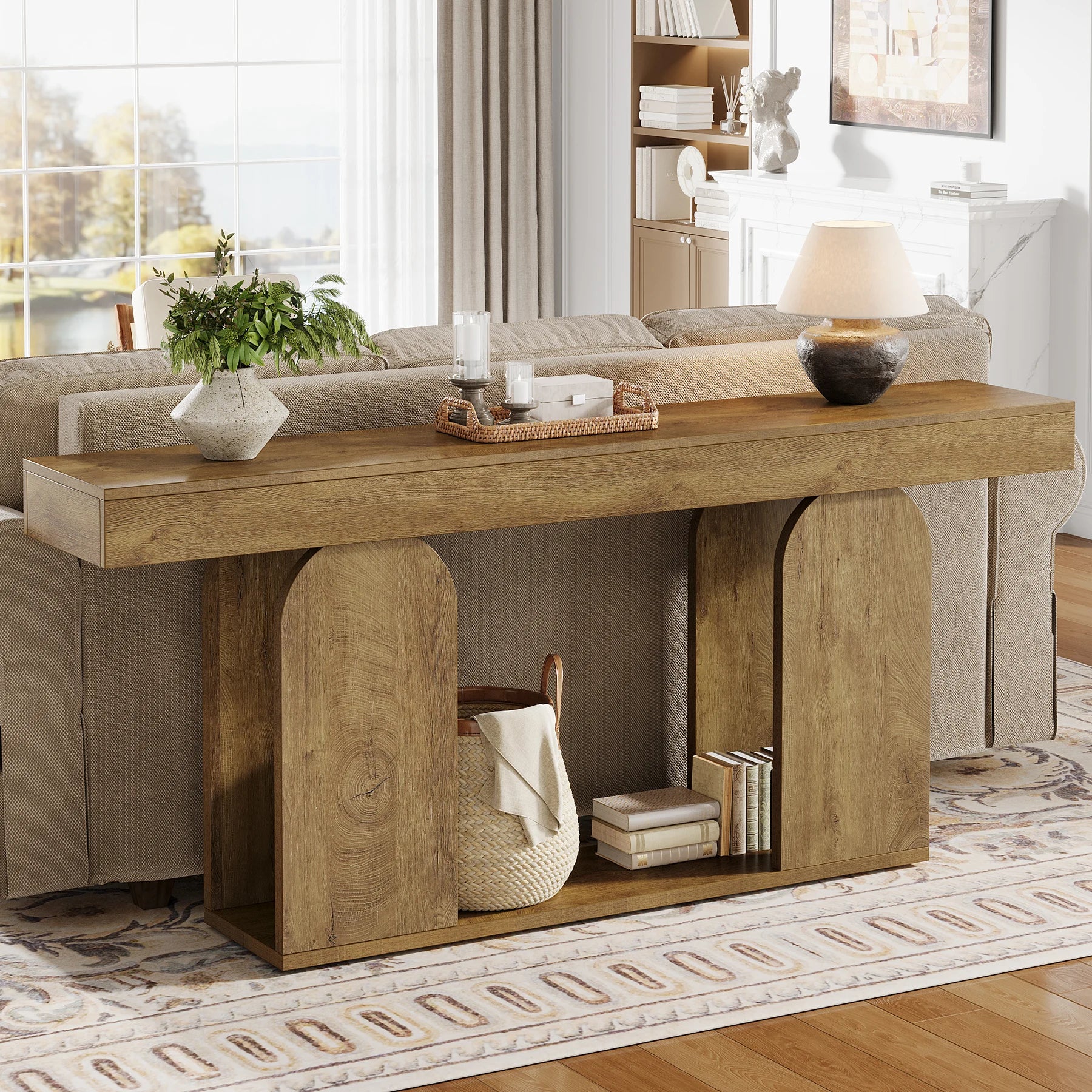 Farmhouse Wood Console Table, 70.9-Inch Entryway Accent Table with U-Shaped Base, 2-Tier Extra Long Sofa Tables for Entrance, Hallway, Living Room (Light Brown)