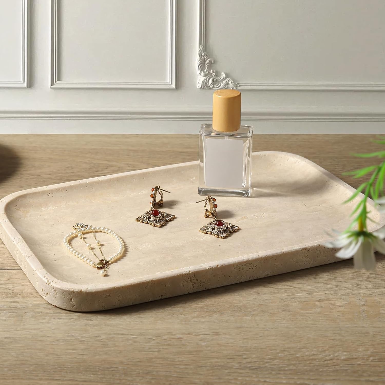 Beige travertine stone vanity tray