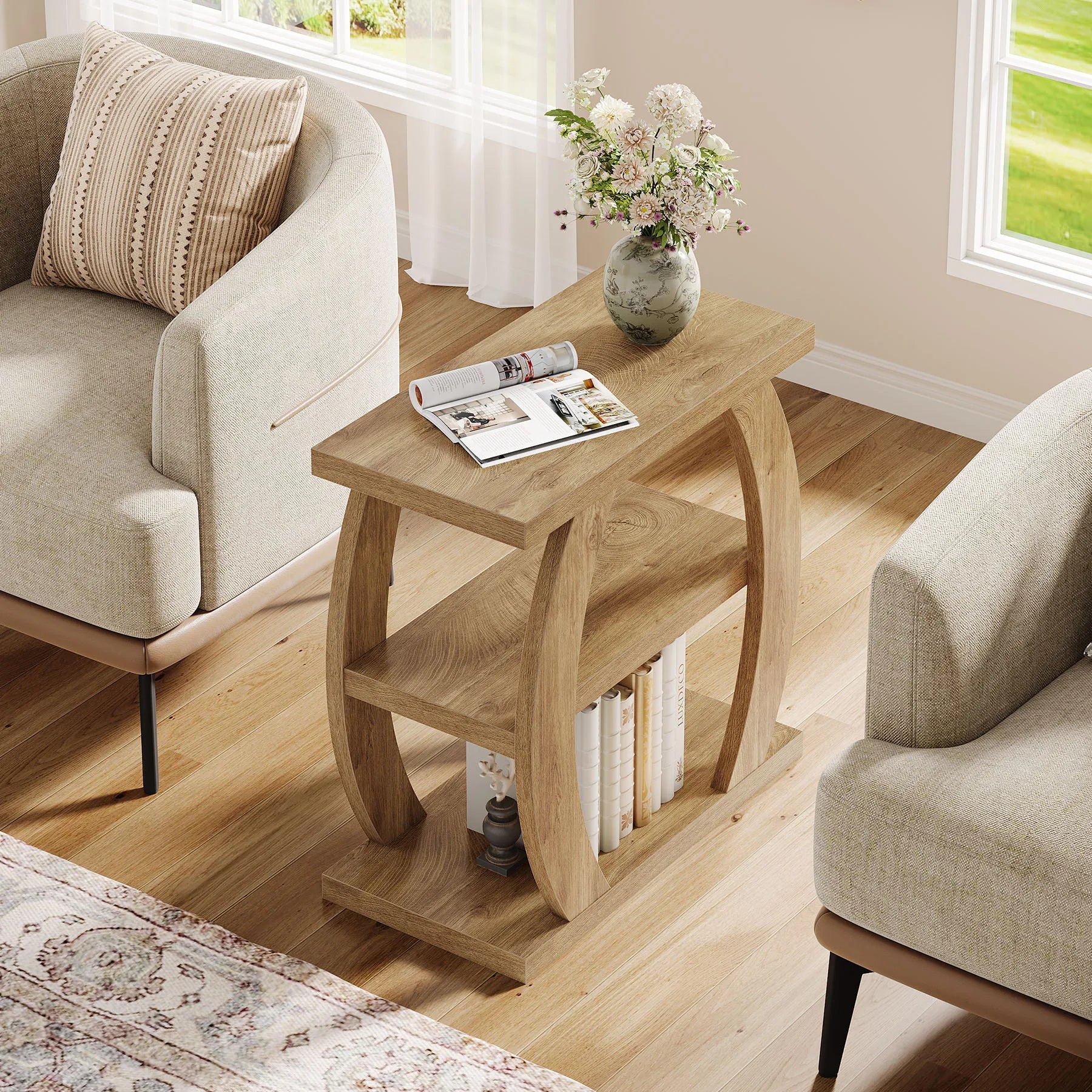 End Table for Living Room, 3-Tier Narrow Side Table with Storage, Farmhouse Wooden beside Table with Geometric Frame, Tall Nightstand for Bedroom, Small Spaces, Natural Oak