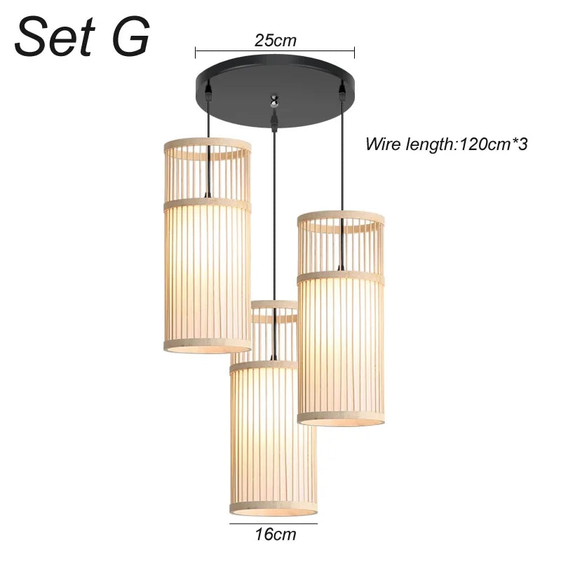 3 Pcs Lustre Rattan Wicker Lamp Shade Pendant Light Bamboo Ceiling Chandelier Set Suspended Luminaire Handmade Home Room Decor