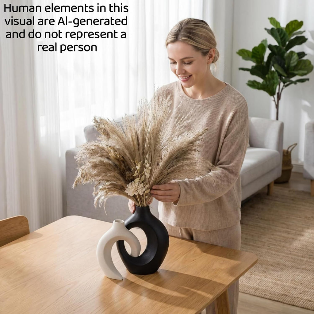 Black and Off-White Snuggle Hollow Ceramic Vase Set of 2 | Nordic Minimalist Aesthetic Snuggle Vases for Table Centerpiece Dining Living Room Book Shelf Decoration (W 6.3" X H 8.4")