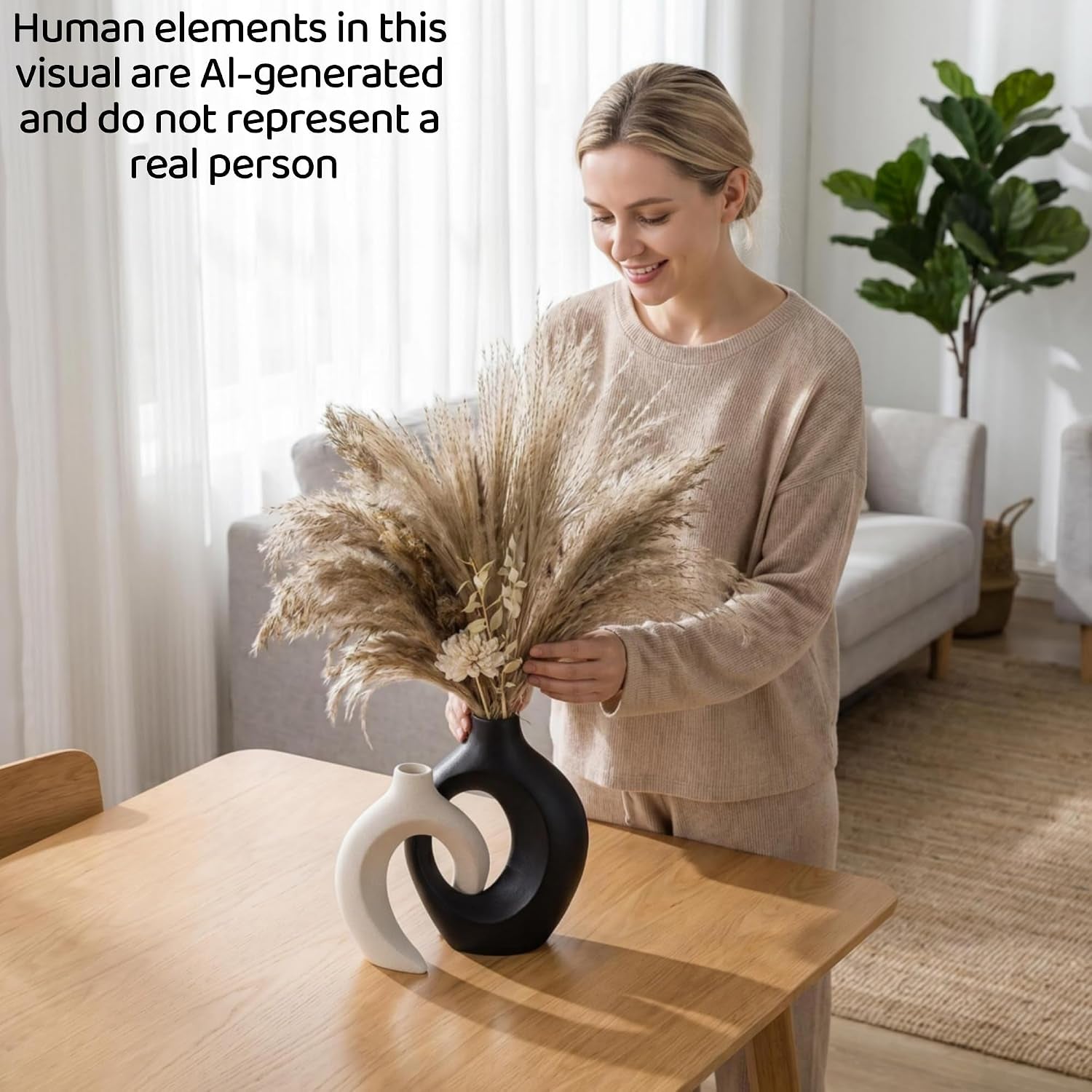 Black and Off-White Snuggle Hollow Ceramic Vase Set of 2 | Nordic Minimalist Aesthetic Snuggle Vases for Table Centerpiece Dining Living Room Book Shelf Decoration (W 6.3" X H 8.4")