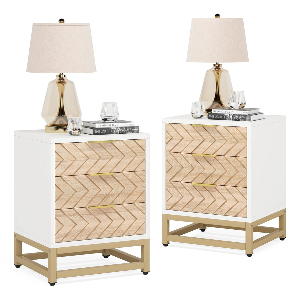 3 Drawers Nightstand Set of 2, Modern Bedside Table with Unique Chevron Design, White End Side Table Night Stands