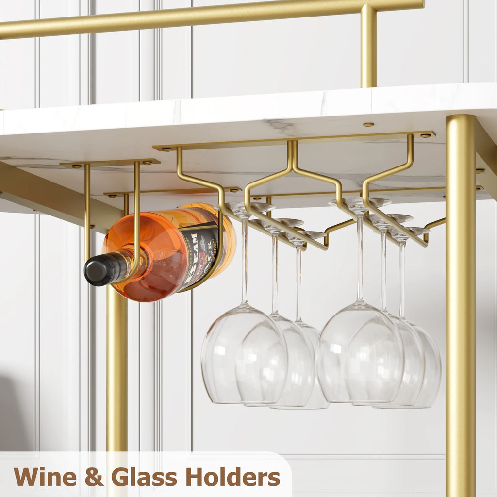 Gold Bar Cart 3 Tier Bar Carts for the Home Rotated Bar Cart Gold with Wine Rack and Glass Holder, Bar Serving Cart with Wheel