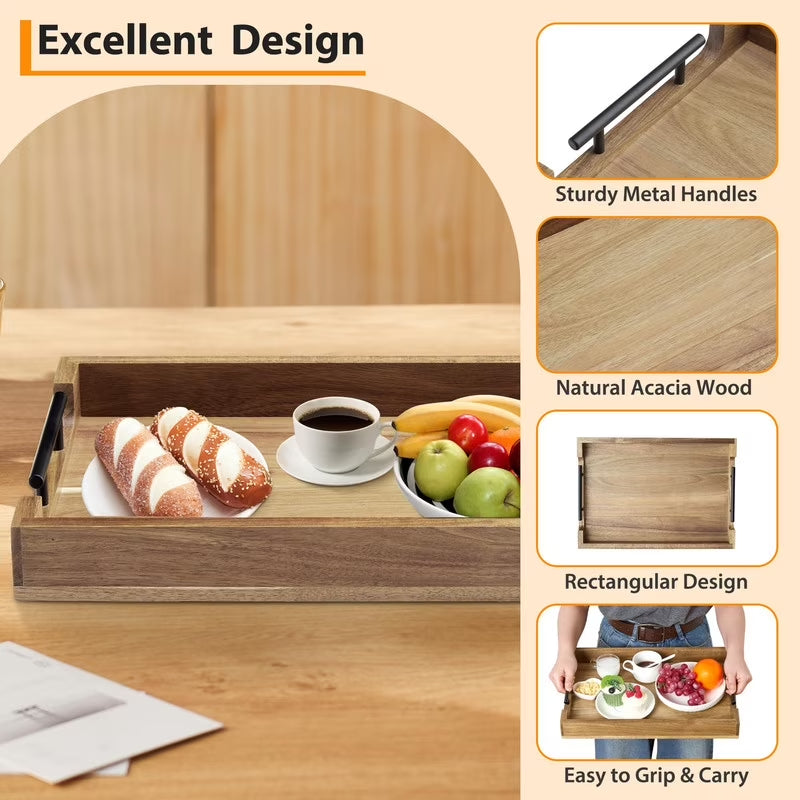 Acacia Wood Serving Tray with Metal Handles, 17X12 Inch Decorative Ottoman Tray for Coffee Table, Breakfast in Bed Tray, Multipurpose Serving Tray for Living Room, Kitchen, Bar