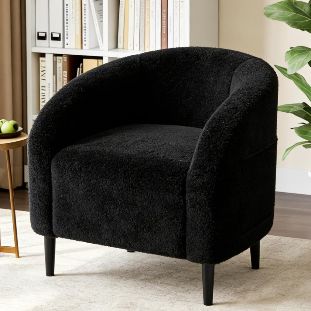 Accent Chair, Boucle Fabric Barrel Chairs, Comfy round Club Armchair with Soft Cushion for Living Room, Bedroom, Reading, Waiting Room, Black