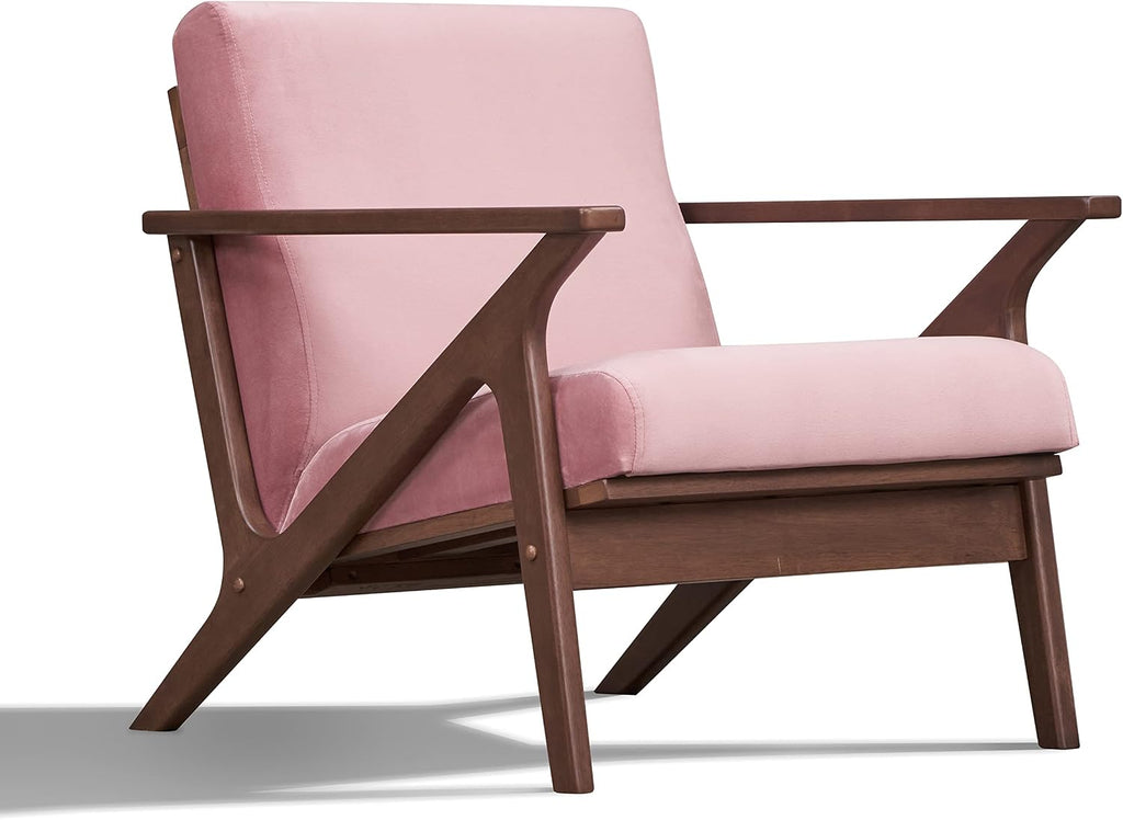 Zola Mid Century Modern Accent Chair Arm Chair: the Perfect Reading, Living Room, and Bedroom Chairs for Modern Home Furniture Use! Solid Wood Frame, Blush Velvet/Walnut