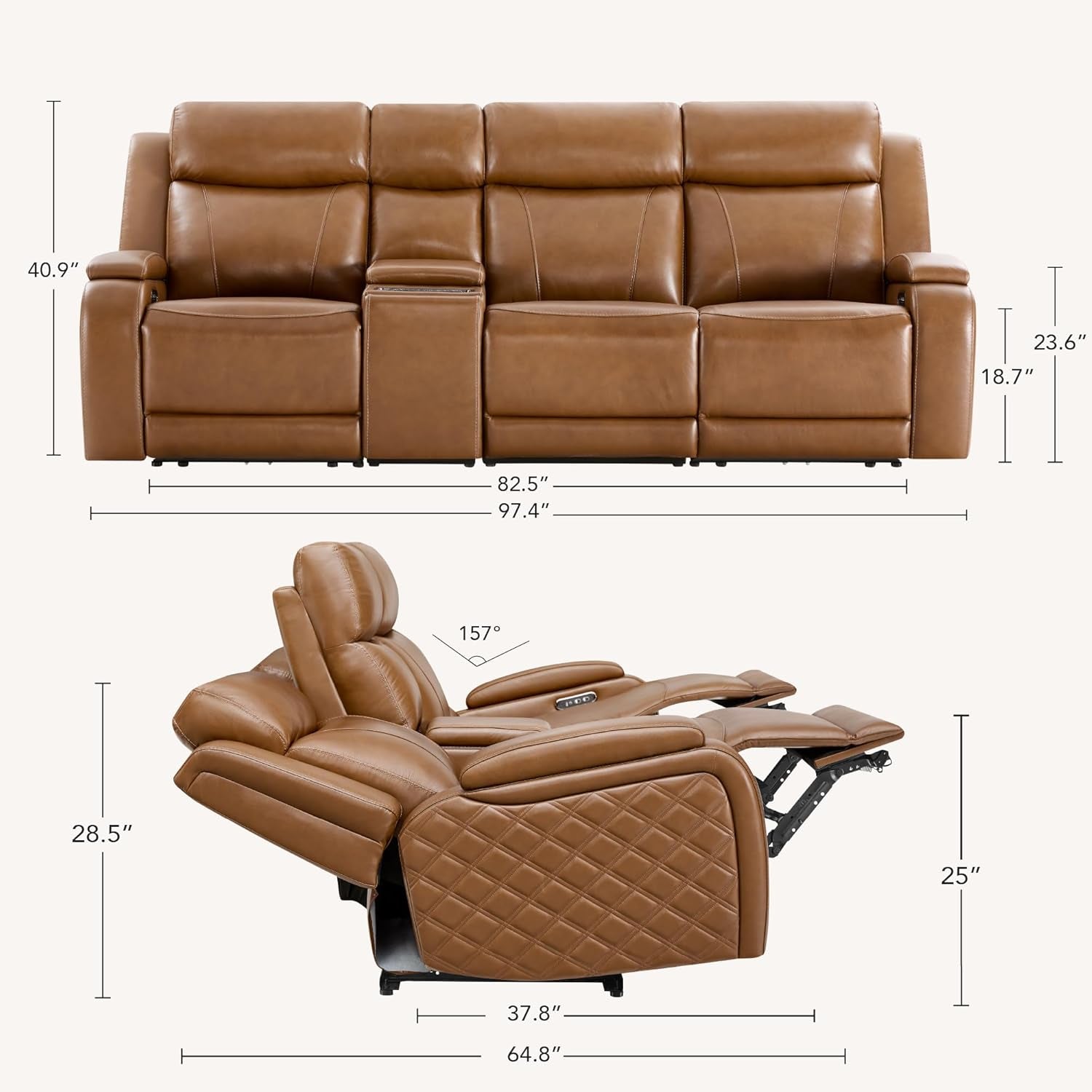 Zero Gravity Power Reclining Sofa with Console, Saddle | Genuine Leather Recliner Sofa, 3-Seater Couch, Flip-Middle Table, Storage Console, Power Headrests, Cup Holders, Living Room