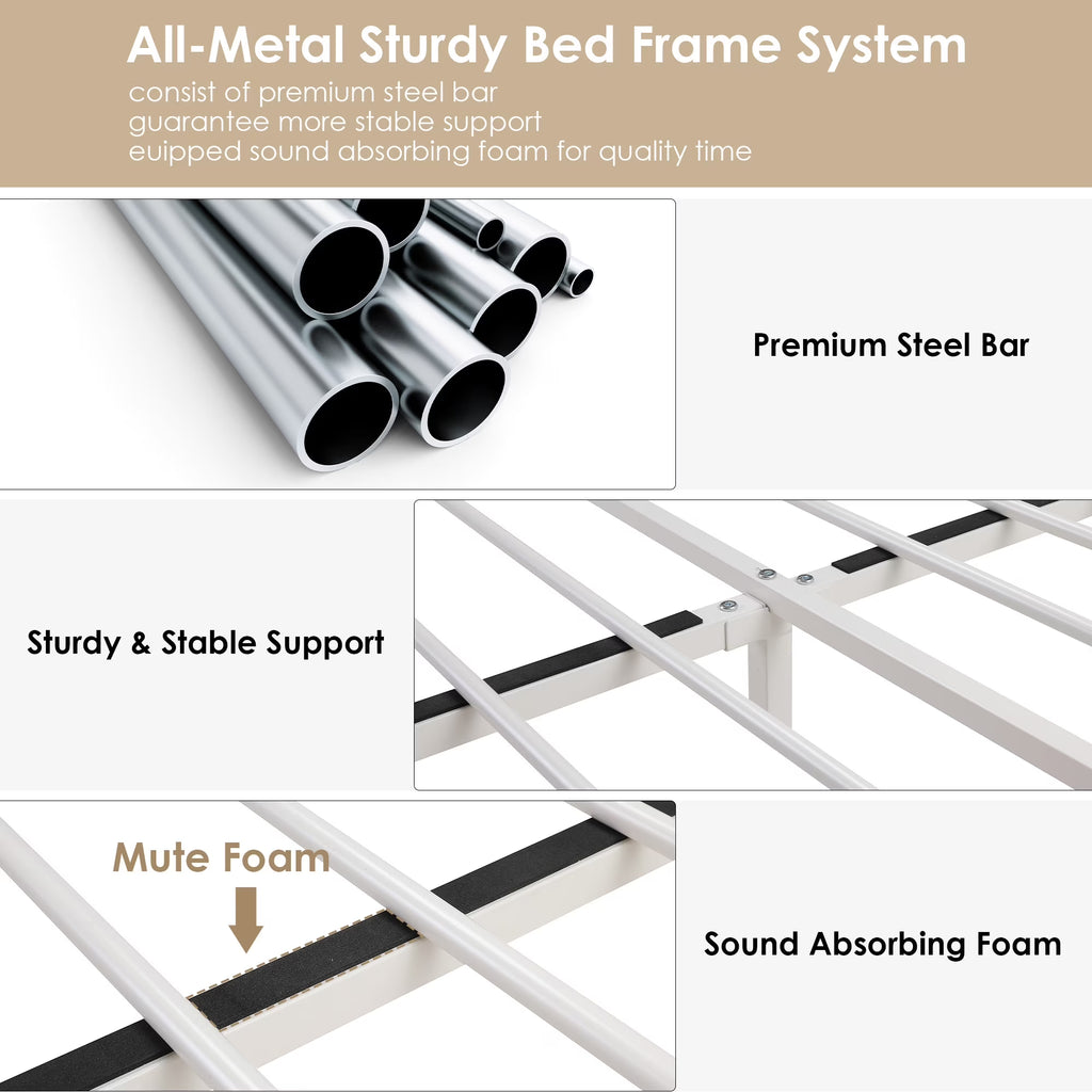 King Bed Frame with 3 Drawer, Canopy Bed Frame with Storage & Upholstered Headboard for Bedroom, Curtain Not Included, Beige