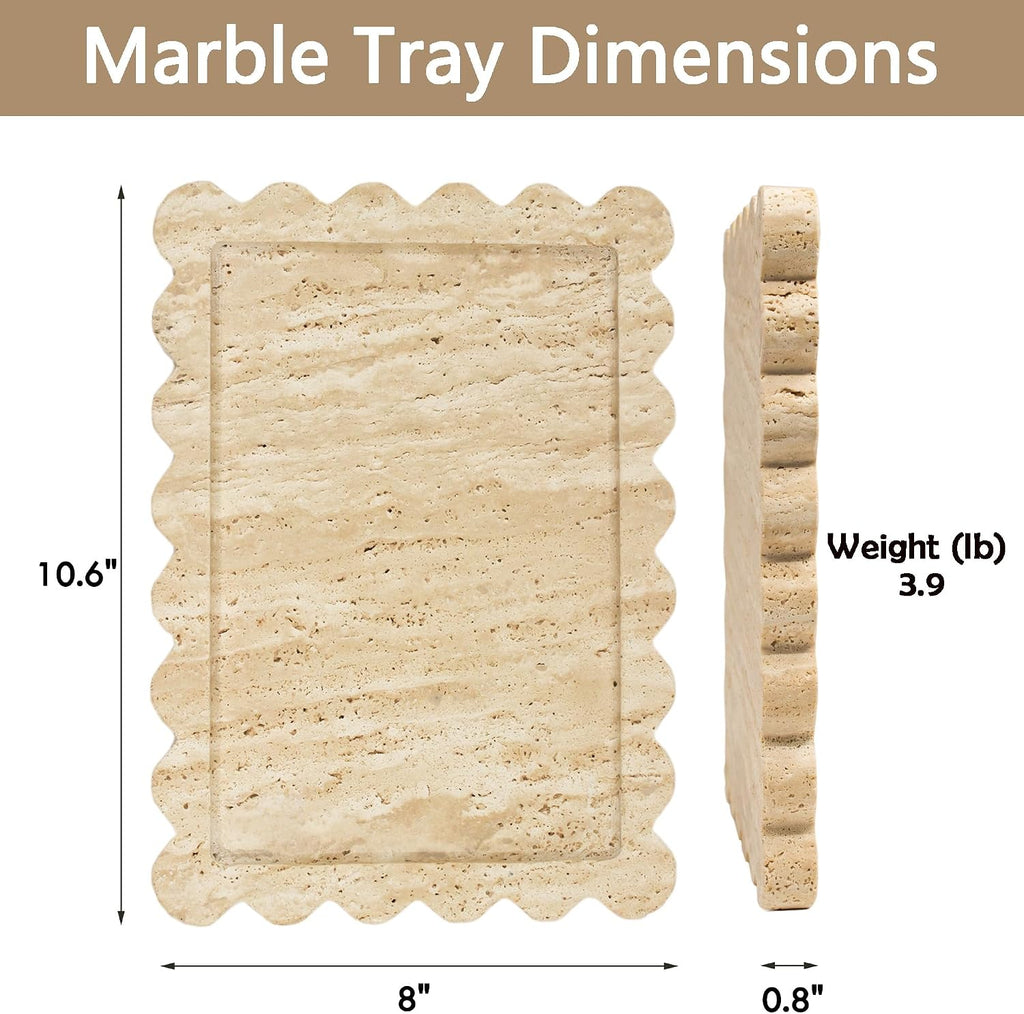 Genuine Travertine Scalloped Marble Tray, Real Natural Marble Stone Trays, Luxury Decorative Trays for Bathroom, Dresser, Vanity, Kitchen, Home Decor, 10.6" X 8", Travertine Beige