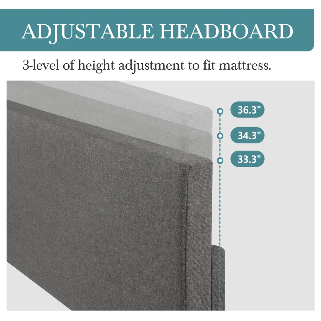 Upholstered linen bed frame with adjustable headboard
