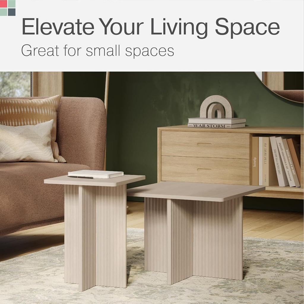 Square Nesting Coffee Table Set - Fluted Oak Base Center Table for Living Room - Wood Grain Veneer Top Living Room Ensemble Set - Easy Assembly Nesting Duo - Weathered White, 2-Piece