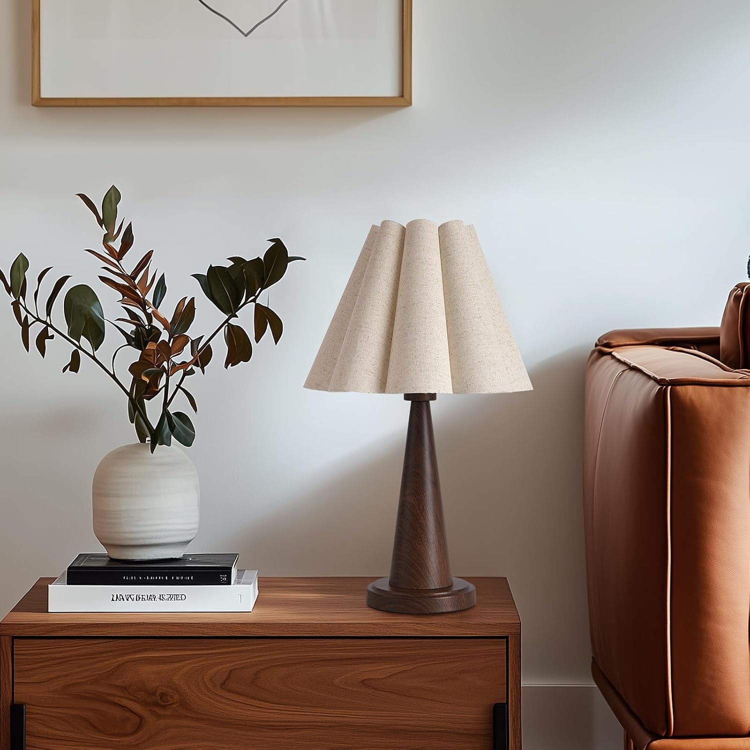 Modern Table Lamp with Petal Linen Lampshade, Dark Faux Wood Metal Base – 20.5” Bedside Nightstand Lamp for Bedroom, Living Room, Office, E26 Base, Max 60W (Bulb Not Included)