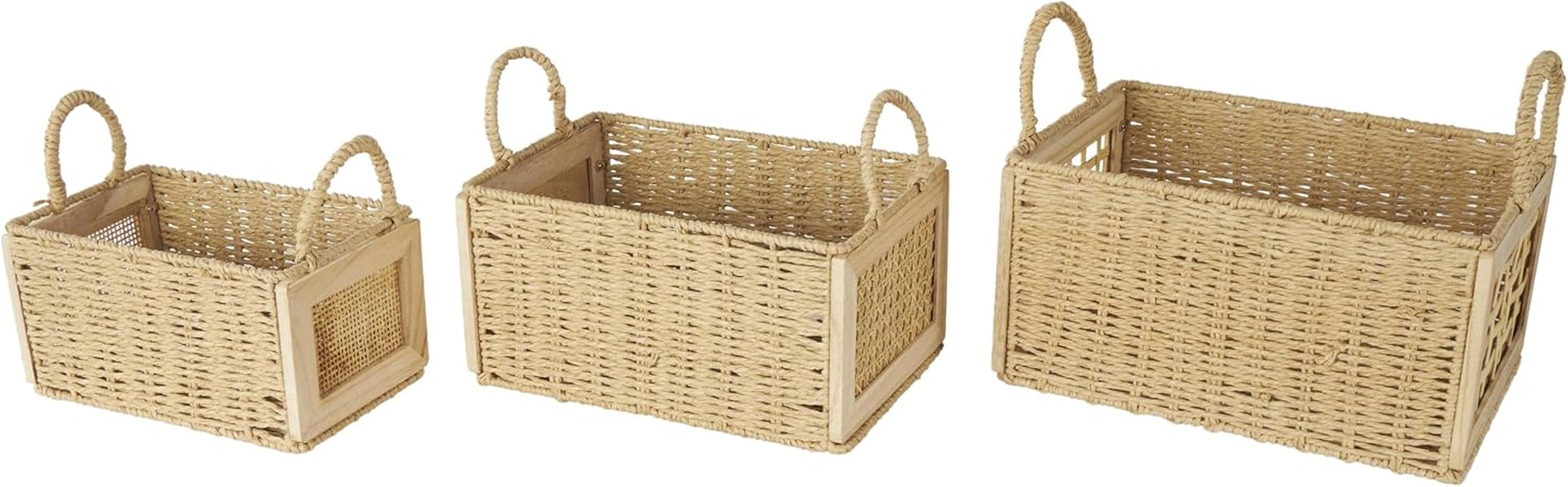 Deco 79 Rattan Decorative and Functional Storage Basket Woven Basket Organizer with Handles, Set of 3 Basket for Storage 14", 12", 11" W, Brown