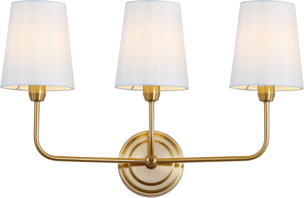 SAFAVIEH Lighting - Sawyer 3-Light 22-Inch Wall Sconce - Brass - Fabric Shade - Contemporary Design - Ideal for Vanity, Hallway, Bedroom, Bathroom - LED Bulb Included (SCN4016A)