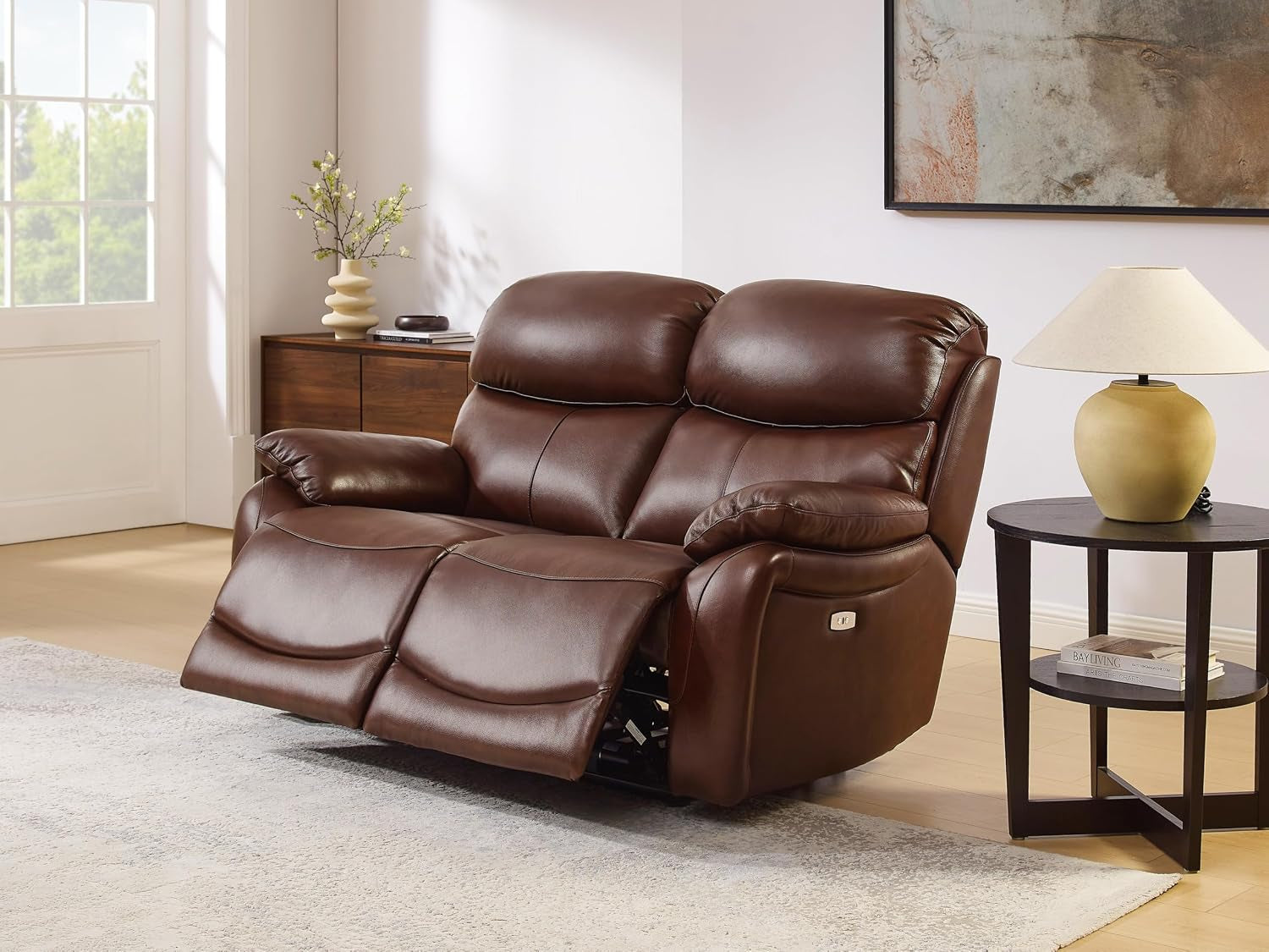 Brown Top Grain Leather Power Recliner Sofa Loveseat Set with USB Port. | Genuine Leather Reclining Sofa, Drop down Table, Ergonomic High Backrest, Cup Holders, Living Room Furniture Sets