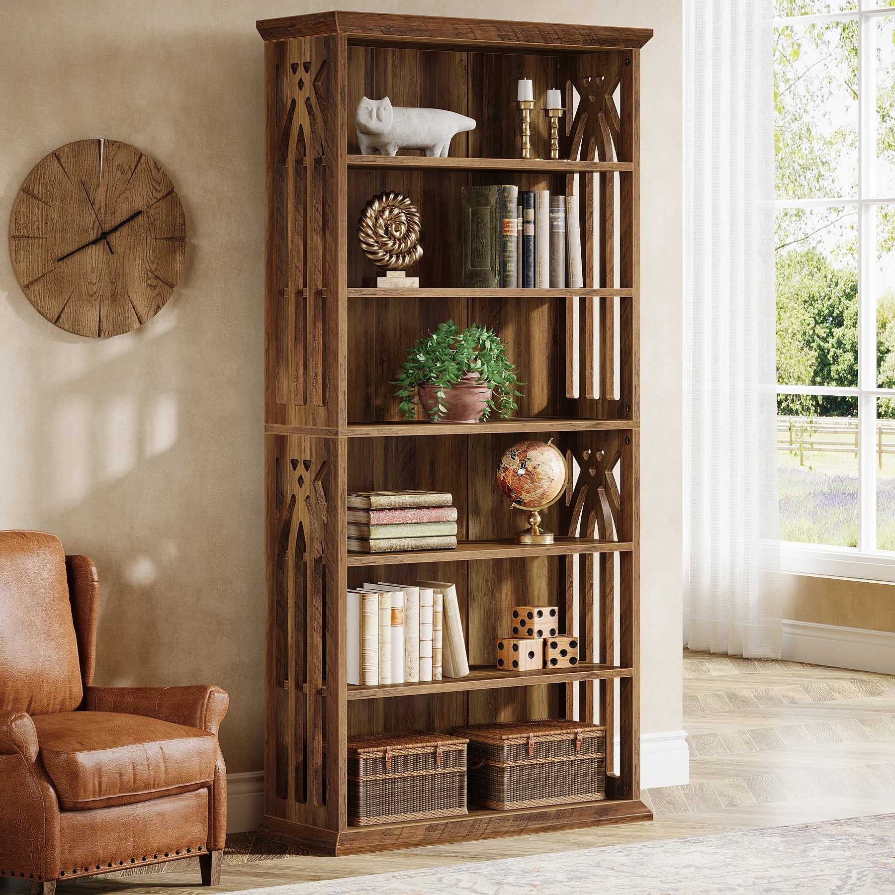 6-Tier Bookshelf, 75-Inch Tall Bookcase, Large Bookshelves and Bookcases Freestanding Display Shelves, Wood Bookshelf