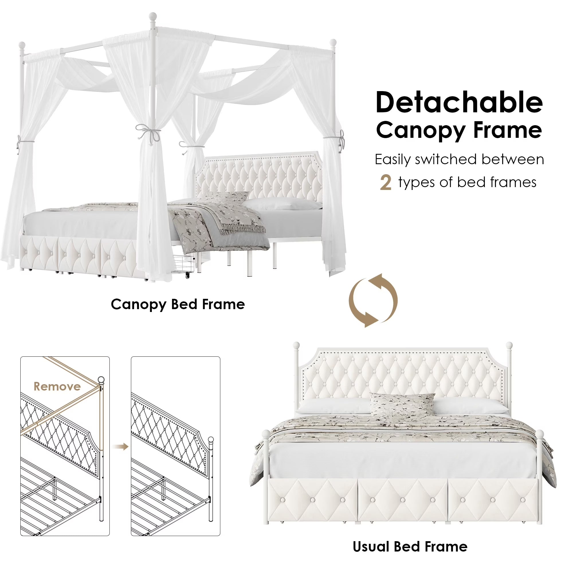 King Bed Frame with 3 Drawer, Canopy Bed Frame with Storage & Upholstered Headboard for Bedroom, Curtain Not Included, Beige