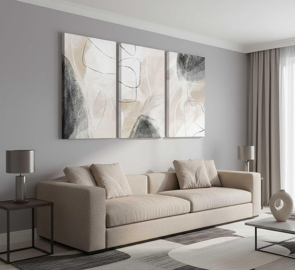3Pcs Modern Abstract Canvas Wall Art | Neutral Minimalist Boho Beige and Black Grey Geometric Line Nordic Picture Wall Decor Poster Print Artwork for Living Room