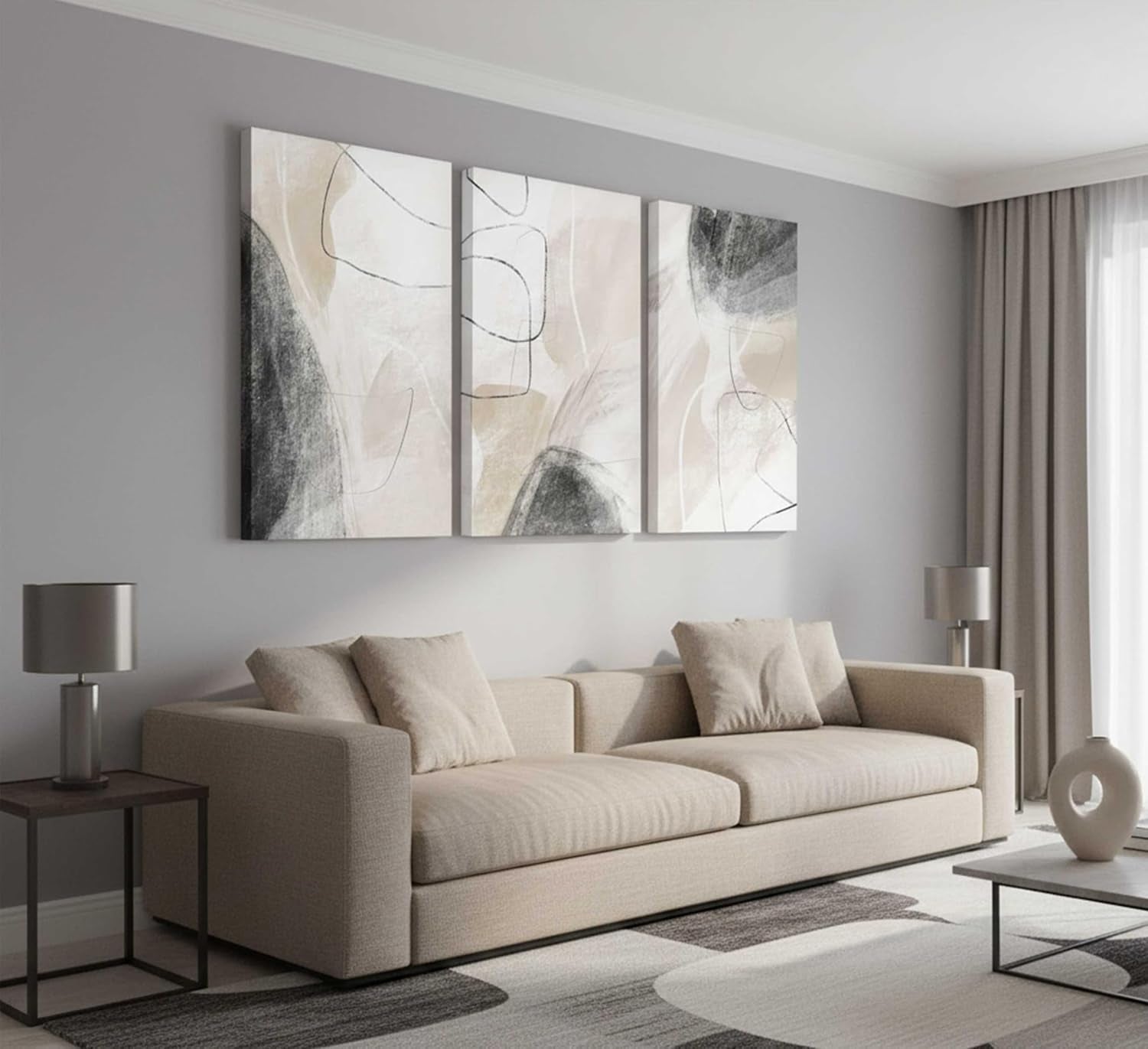 3Pcs Modern Abstract Canvas Wall Art | Neutral Minimalist Boho Beige and Black Grey Geometric Line Nordic Picture Wall Decor Poster Print Artwork for Living Room