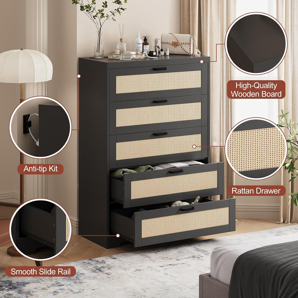 Rattan 5 Drawer Dresser, Wood Tall Chest of Drawers, Black | Rattan Dresser for Bedroom with Power Outlets, 5-Drawer Wood Tall Chest of Drawers