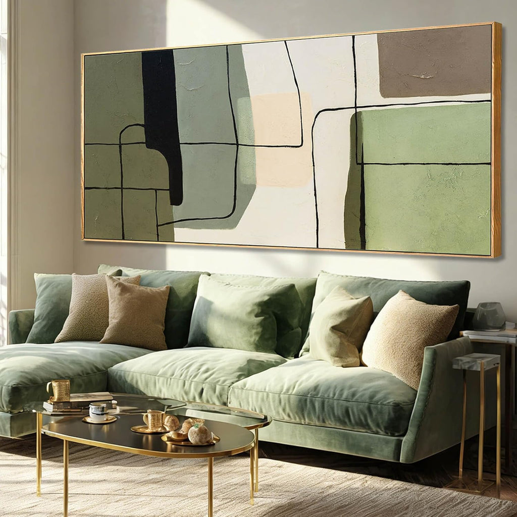 Green and beige abstract framed canvas wall art
